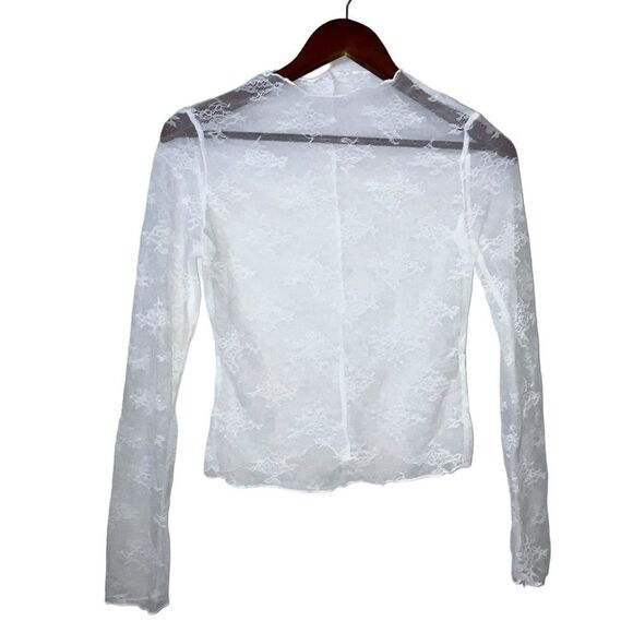 Tops - Women's White Lace Long Sleeve Semi Sheer Top
